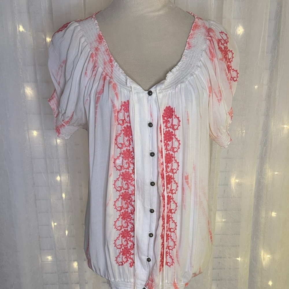 Fever White and Pink Button-Up Blouse